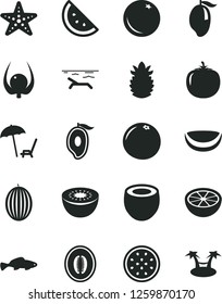 Solid Black Vector Icon Set - small fish vector, orange slice, melon, mango, half of, kiwi, passion fruit, piece coconut, ripe pineapple, grapefruit, physalis, persimmon, beach, starfish