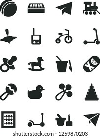 Solid Black Vector Icon Set - paper airplane vector, dummy, new abacus, beanbag, baby rattle, duckling, bath ball, stacking toy, tumbler, phone, sand set, children's, train, small yule, Kick scooter