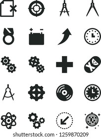 Solid Black Vector Icon Set - clock face vector, plus, tumbler, left bottom arrow, CD, delete page, accumulator, gear, gears, scribed compasses, Measuring, wall watch, atom, drawing compass, aim, up