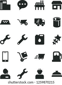 Solid Black Vector Icon Set - building trolley vector, speech, smartphone, shipment, gas station, modern, industrial enterprise, builder, canister of oil, pipes, repair key, kiosk, dispatcher, taxi