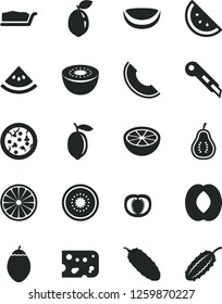 Solid Black Vector Icon Set - stationery knife vector, piece of cheese, pizza, cake slice, cucumber, orange, melon, half peach, lemon, kiwi, tamarillo, sour lime, coconut, grapefruit, part guava