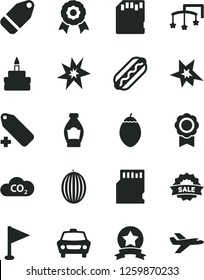 Solid Black Vector Icon Set - add label vector, pennant, toys over the cot, car, Hot Dog, birthday cake, bottle, melon, tamarillo, CO2, sale, sd card, medal, bang, star ribbon, private plane