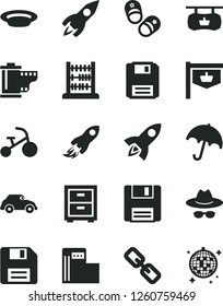Solid Black Vector Icon Set - floppy disk vector, spectacles, hat with glasses, camera roll, bedside table, tricycle, child shoes, abacus, umbrella, plate, modern gas station, retro car, rocket