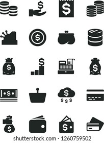 Solid Black Vector Icon Set - bank card vector, coins, shopping basket, column of, financial item, get a wage, wallet, purse, dollars, cash, machine, cashbox, money bag hand, rain, dollar coin
