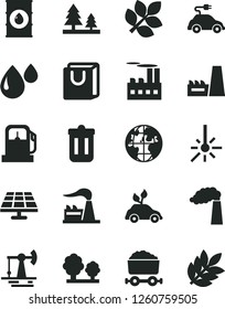 Solid Black Vector Icon Set - bag with handles vector, solar panel, working oil derrick, gas station, manufacture, factory, trees, forest, industrial building, thermal power plant, drop, planet