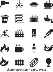Solid Black Vector Icon Set - mercury thermometer vector, heating coil, temperature, radiator, new, electronic boiler, coffee, Hot Dog, noodles, pie, chili, cup of tea, coffe to go, bottle soda