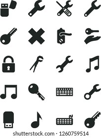 Solid Black Vector Icon Set - repair key vector, cross, small tools, adjustable wrench, door knob, lock, music, keyboard, usb flash, note, arm with