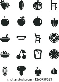 Solid Black Vector Icon Set - a chair for feeding vector, child, mini hot dog, mushroom, bowl of buckwheat porridge, plate fruit, sandwich, cherry, half pomegranate, branch grape, red apple, date