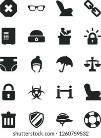 Solid Black Vector Icon Set - mark of injury vector, spectacles, scales, nappy, Baby chair, car child seat, winter hat, warm, helmet, dust bin, lock, umbrella, encrypting, glasses, biohazard, safe