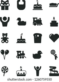 Solid Black Vector Icon Set - bib vector, rubber duck, baby duckling, teddy bear, toy train, children's, colored air balloons, cake, heart, Easter, slice, torte, birthday, lollipop, gift, hands up