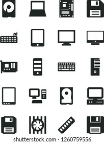 Solid Black Vector Icon Set - floppy disk vector, monitor, screen, computer, tablet pc, notebook, radiator fan, keyboard, tower, motherboard, memory, card, hdd