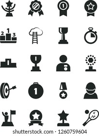 Solid Black Vector Icon Set - stopwatch vector, pedestal, racer, award, cup, gold, star, reward, man with medal, flag, purpose, first place, pennant, ribbon, cloud ladder, tennis