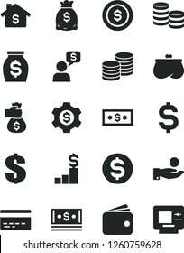 Solid Black Vector Icon Set - Bank Card Vector, Dollar, Coins, Denomination Of The, Catch A Coin, Wallet, Purse, Money, Dollars, Cash, Bag Hand, Mortgage, Pedestal, Gear, Dialog, Atm