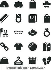 Solid Black Vector Icon Set - paper bag vector, spectacles, hat, with glasses, bath ball, accessories for a hairstyle, comb, warm, handles, T shirt, folded, hanger, cloth industry, purse, hand, gold