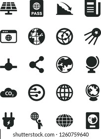 Solid Black Vector Icon Set - globe vector, earth, passport, solar panel, planet, plug, CO2, connection, recession, newspaper, network, browser, connect, man hold world, first satellite