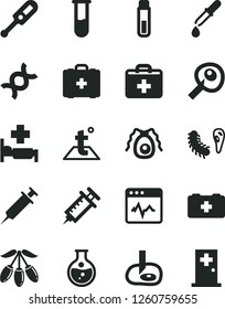 Solid Black Vector Icon Set - first aid kit vector, electronic thermometer e, bag of a paramedic, medical, temperature, cardiogram, goji berry, round flask, test tube, dna, bactery, pipette, syringe