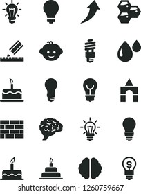 Solid Black Vector Icon Set - matte light bulb vector, children's hairdo, box of bricks, cake, birthday, brickwork, drawing, honeycombs, drop, energy saving, brain, arrow up, idea