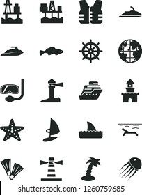 Solid Black Vector Icon Set - small fish vector, sea port, commercial seaport, lighthouse, coastal, planet, sand castle, beach, palm tree, starfish, flippers, diving mask, handwheel, life vest