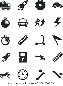 Solid Black Vector Icon Set - truck lorry vector, lightning, wind direction indicator, child Kick scooter, dangers, timer, car, delivery, retro, rocket, space, wall watch, memory, stopwatch