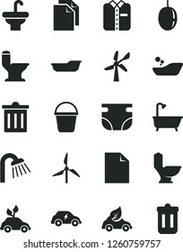 Solid Black Vector Icon Set - bin vector, clean sheet of paper, nappy, children's bathroom, bath, bucket, washbasin, toilet, comfortable, shower, folded shirt, passion fruit, windmill, wind energy