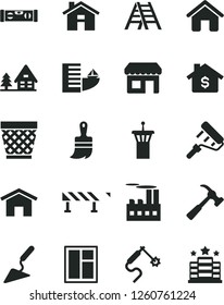 Solid Black Vector Icon Set - house vector, wicker pot, building trowel, window, paint roller, wooden brush, ladder, level, road fence, hammer with claw, home, industrial, gas welding, kiosk, forest