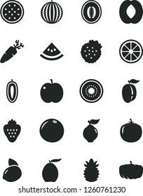 Solid Black Vector Icon Set - carrot vector, strawberry, strawberries, apple, quince, water melon, loquat, half peach, ripe plum, sweet date fruit, yellow lemon, juicy, of kiwi, passion, pineapple