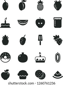 Solid Black Vector Icon Set - cake vector, torte, glazed with a hole, popsicle, jam, biscuit, pomegranate, grape, red apple, tasty, strawberry, mulberry, water melon slice, ripe plum, pineapple, of