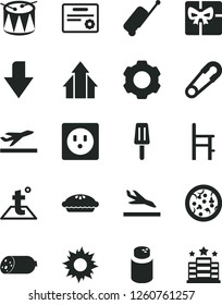 Solid Black Vector Icon Set - downward direction vector, powder, safety pin, a chair for feeding, drum, temperature, sausage, pizza, pie, popsicle, socket, giftbox, settings, growth arrows, arrival