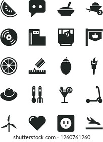 Solid Black Vector Icon Set - hat vector, iron fork spoons, child Kick scooter, garden trolley, power socket type b, drawing, heart, CD, a bowl of buckwheat porridge, glass tea, cocktail, tamarillo