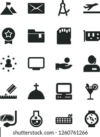 Solid Black Vector Icon Set - folder bookmark vector, drawing, cocktail, catch a coin, dispatcher, computer, keyboard, pc card, monitor, sd, mail, flask, compass, mountain flag, star medal