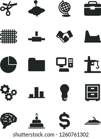 Solid Black Vector Icon Set - folder vector, bedside table, pie chart, potty chair, yule, birthday cake, portfolio, light bulb, weaving, tower crane, gears, denomination of the dollar, handclasp