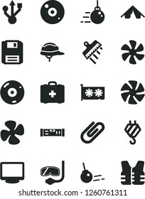 Solid Black Vector Icon Set - medical bag vector, hook, big core, building level, helmet, spatula, clip, marine propeller, fan screw, gpu card, monitor, usb, cd, floppy, tent, diving mask, life vest