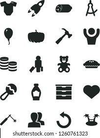Solid Black Vector Icon Set - heart symbol vector, women, counterclockwise, storage unit, t short, beanbag, teddy bear, balloon, hammer with claw, sausage, pie, bottle, pumpkin, welding, coins