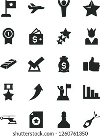 Solid Black Vector Icon Set - positive histogram vector, star, finger up, pawn, man hands, with flag, medal pennant, hero, certificate, gold bar, arrow, confirm, money bag, wallet, king, helicopter