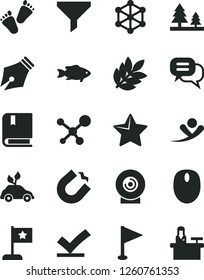 Solid Black Vector Icon Set - pennant vector, children's tracks, e, star, lens, fish, forest, environmentally friendly transport, horseshoe magnet, filter, mouse, molecule, biology, 3d cube, ink pen