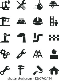 Solid Black Vector Icon Set - crane vector, big core, small tools, new roller, ladder, ceramic tiles, construction helmet, paving slab, working oil derrick, water pipes, manufacture, builder, gears