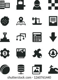 Solid Black Vector Icon Set - downward direction vector, archive, toys over the cot, bath ball, city block, tile, picture, map, big data server, a glass of tea, strawberries, oil derrick, racer