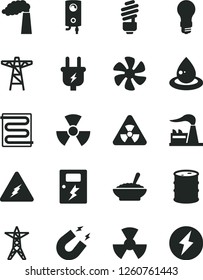 Solid Black Vector Icon Set - saving light bulb vector, dangers, heating coil, boiler, a bowl of buckwheat porridge, marine propeller, manufacture, factory, barrel, power line, pole, plug, drop oil