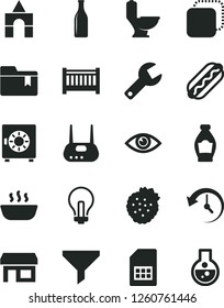 Solid Black Vector Icon Set - repair key vector, incandescent lamp, folder bookmark, baby cot, box of bricks, toilet, eye, strongbox, copy, Hot Dog, porridge, strawberries, bottle, SIM card, Glass