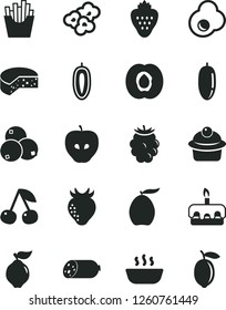 Solid Black Vector Icon Set - sausage vector, cheese, muffin, torte, hot porridge, French fries, popcorn, fried egg, strawberry, cherry, half apricot, quince, tasty apple, blackberry, blueberries