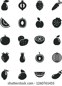 Solid Black Vector Icon Set - carrot vector, strawberries, apple, pear, strawberry, rose hip, half of medlar, tasty raspberry, water melon, slice, mango, delicious plum, cherry, yellow lemon, guava