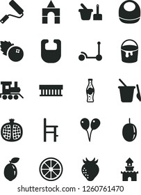 Solid Black Vector Icon Set - bib vector, baby, toy sand set, children's, a chair for feeding, train, box of bricks, colored air balloons, Kick scooter, paint bucket, new roller, bottle soda, castle