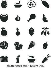 Solid Black Vector Icon Set - deep plate with a spoon vector, bowl of buckwheat porridge, chicken leg, grill, cucumber, beet, garlic, omelette, pancakes, peach, squash, raspberry, blackberry, potato