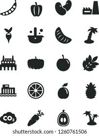 Solid Black Vector Icon Set - carrot vector, slice of tangerine, half loquat, tasty plum, juicy lemon, guava, ripe pineapple, Bell pepper, peas, beans, radish, pumpkin, hydroelectric station