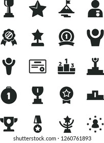 Solid Black Vector Icon Set - star vector, pedestal, winner, podium, prize, award, gold cup, reward, man with medal, motivation, first place, ribbon, certificate, hands up, stars around