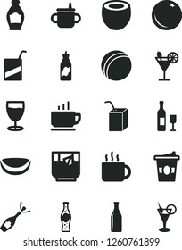 Solid Black Vector Icon Set - mug for feeding vector, bath ball, e, packing of juice with a straw, coffee, cup tea, coffe to go, glass, cocktail, bottle soda, orange, liquor, piece coconut, half