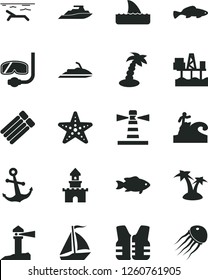 Solid Black Vector Icon Set - anchor vector, small fish, commercial seaport, lighthouse, coastal, sand castle, sail boat, beach, palm tree, starfish, diving mask, surfing, life vest, jet ski, yacht