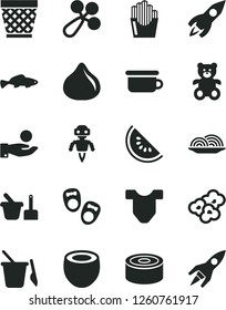 Solid Black Vector Icon Set - wicker pot vector, Child T shirt, baby rattle, toy sand set, children's, potty, teddy bear, shoes for little children, canned goods, onion, fried potato slices, popcorn