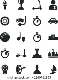 Solid Black Vector Icon Set - stopwatch vector, bath ball, motor vehicle, Kick scooter, child, pedestal, flame torch, winner podium, gold cup, pawn, man with medal, purpose, pennant, aim, golf