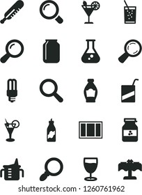 Solid Black Vector Icon Set - magnifier vector, measuring cup for feeding, mercury thermometer, e, window frame, a glass of soda, cocktail, jar jam, bottle, liquor, light bulb, flask, zoom